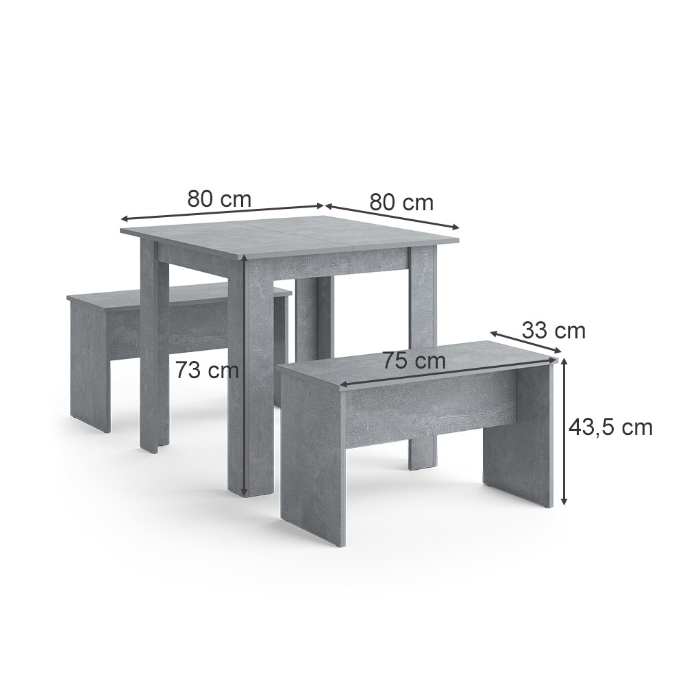 Vicco Tischgruppe Sitzgruppe Esszimmer Sentio Esstisch Sitzbank Beton 80 cm