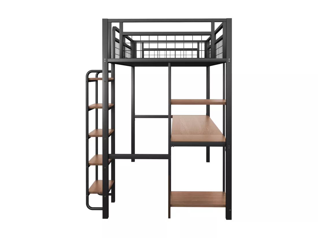 Lit mezzanine en métal 90x200 cm - avec bureau et échelle de sécurité - Noir