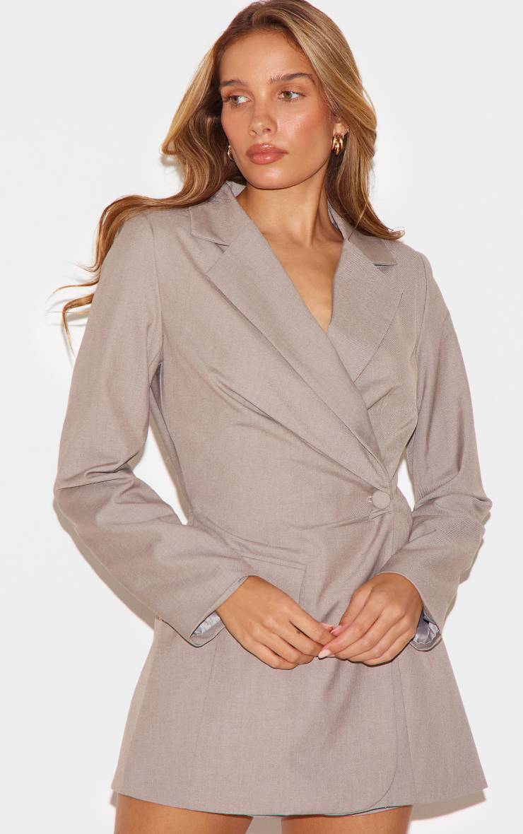 Taupe Combi-short Tissée Ajustée À Taille Cintrée Et Manches Longues