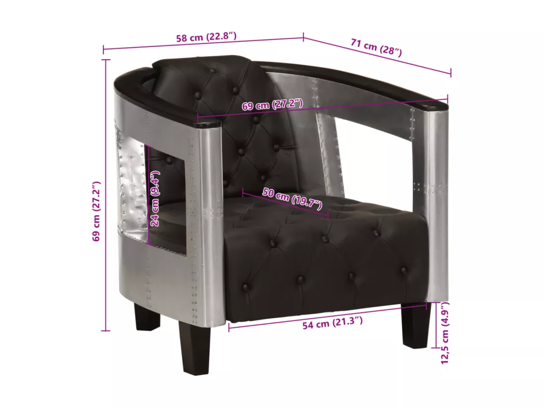 Fauteuil en style d'aviation noir cuir véritable