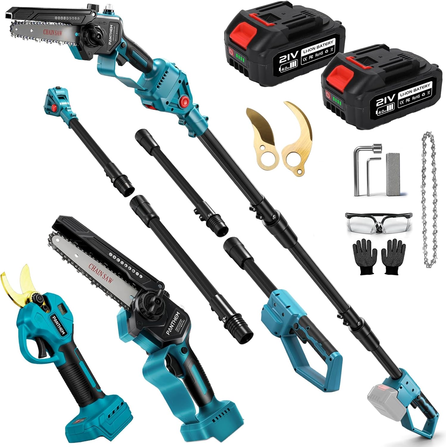 4 in 1 Akku Hochentaster 6 Zoll Mini Kettensäge mit Akku & 45 mm Teleskop Astsäge für Makita 18V, Elektrische Gartenschere, 21V 4000mAh, Baumschere Astschere mit Teleskop Stange