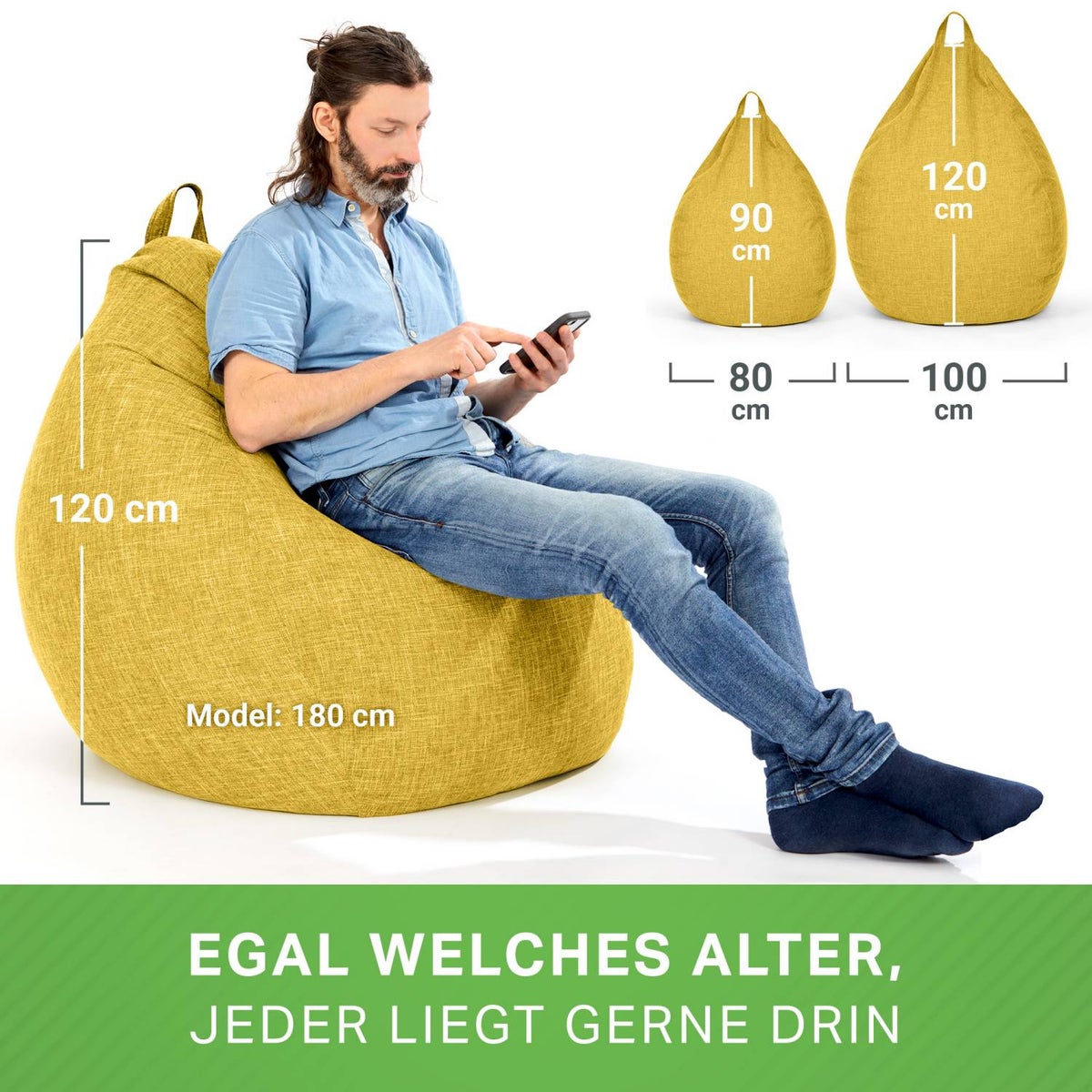 Green Bean Indoor zitzak met 200 liter EPS-korrelvulling, knuffelzacht, wasbaar - Stoffen vloerkussen, ligstoel, zitkussen, loungestoel - Geel