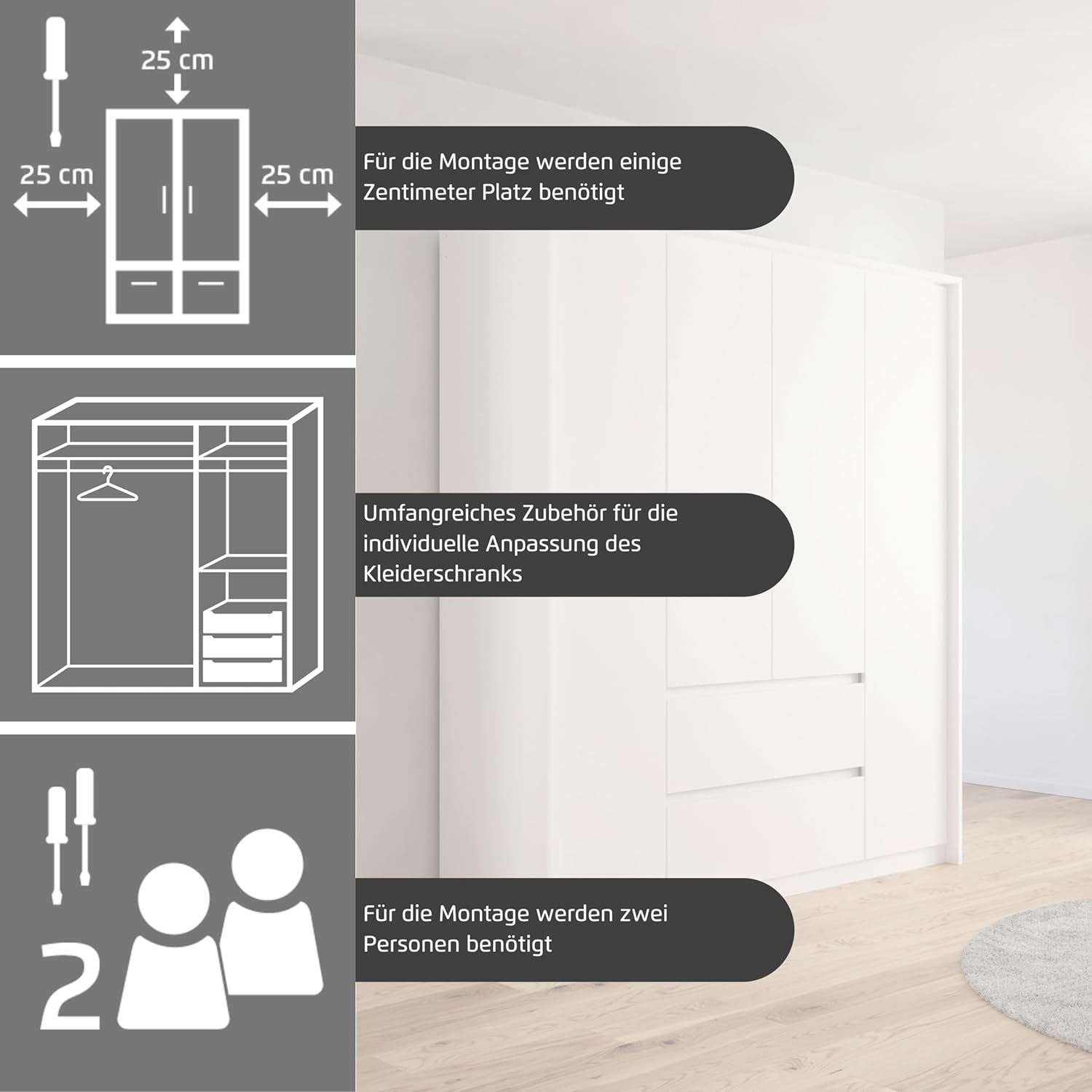 Rauch Möbel Mainz Schrank Kleiderschrank Drehtürenschrank Weiß-Grau metallic, Schwarz, 6-türig Spiegel, 4 Schubladen, Zubehörpaket Basic 4 Einlegeböden, 4 Kleiderstangen, grifflos BxHxT 271x210x54 cm