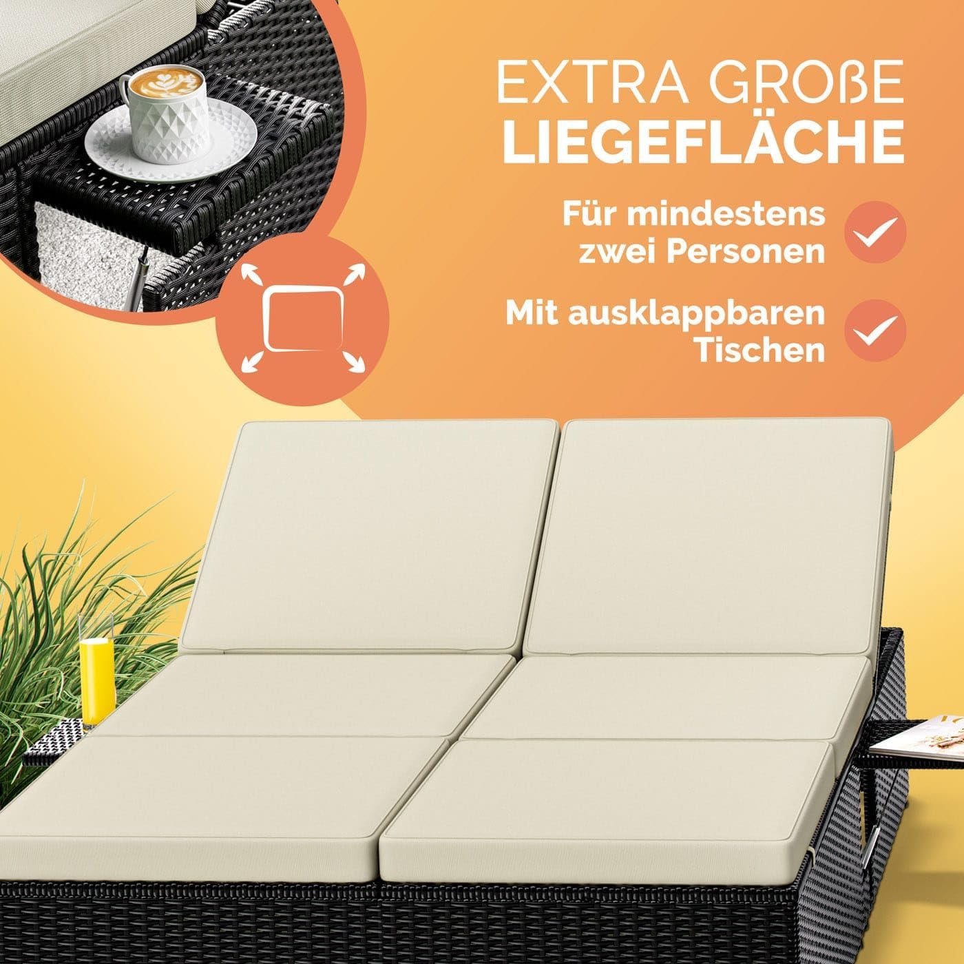 Casaria® Sonnenliege 2 Personen mit Klapptisch 7cm Auflagen Wetterfest Gartenliege 400kg Belastbar Liegestuhl Verstellbar Schwarz Creme 200x115cm