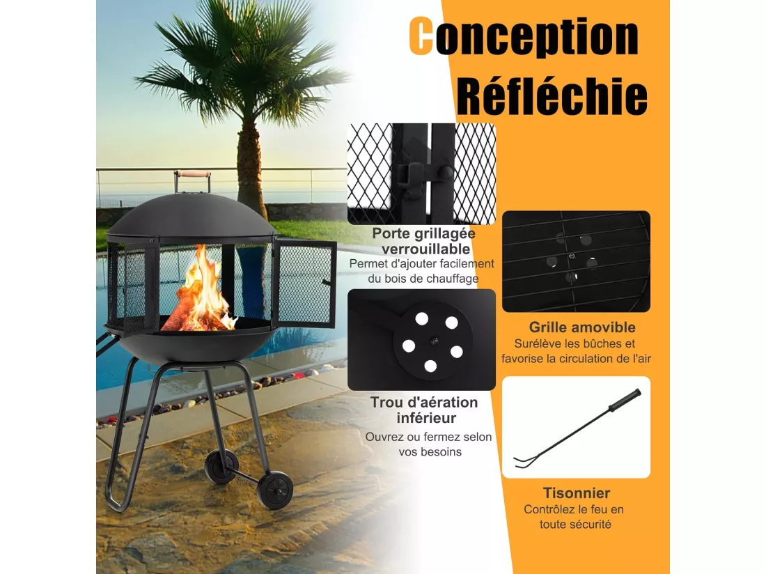 Brasero Exterieur de Jardin 108x57cm à 2 Portes avec Grille, Chauffage Foyer avec Roues Protection Contre Étincelles, Treillis Métallique Ventilation pour CamBoisg Barbecue