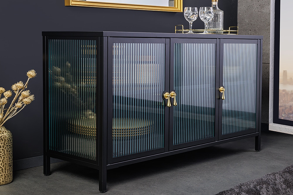 riess-ambiente Sideboard AMSTERDAM - 105cm greige gold Riffelglas Metall Vitrine Schrank Modern