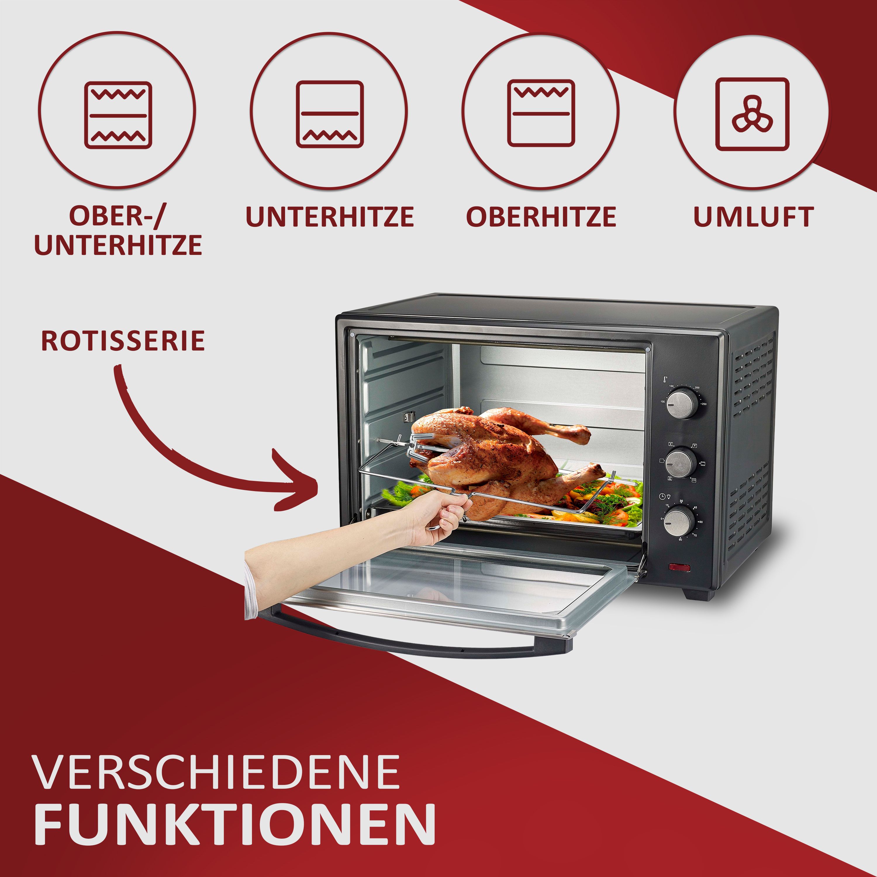 Steinborg Minibackofen 60L Pizzaofen 90 min. Timer 2000W schwarz