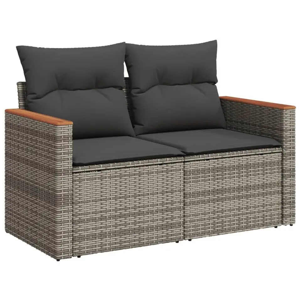 vidaXL Loungeset met kussens en hout armsteun - Grijs - Poly rattan - 4 stuks