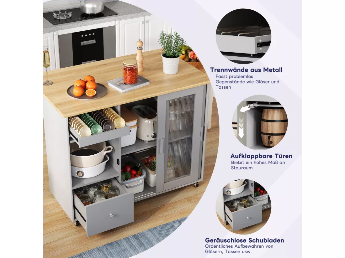 Ilot central de cuisine mobile avec 2 portes coulissantes, 1 tiroir et casier à vin - plateau extensible - 112x46/69x91 cm - MDF - Gris