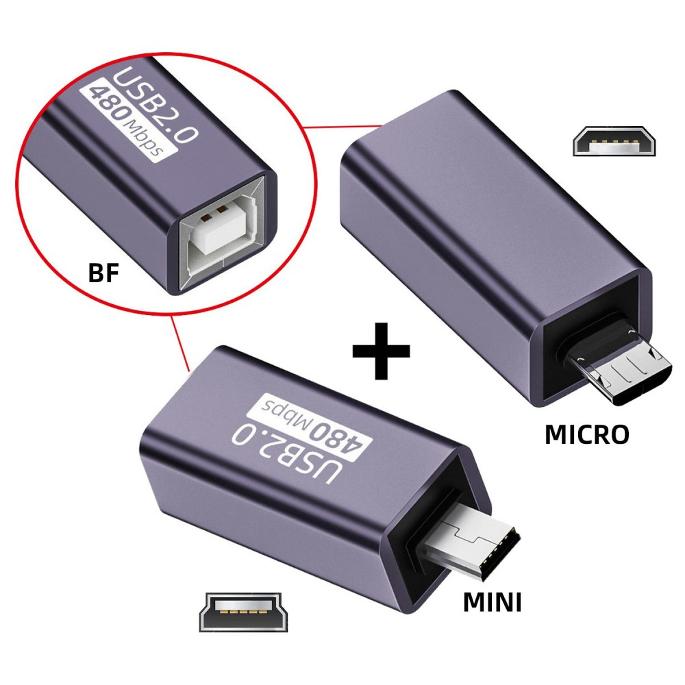(2er Set) Micro USB / Mini USB auf USB B Adapter für Drucker Scanner Festplatten - Grau