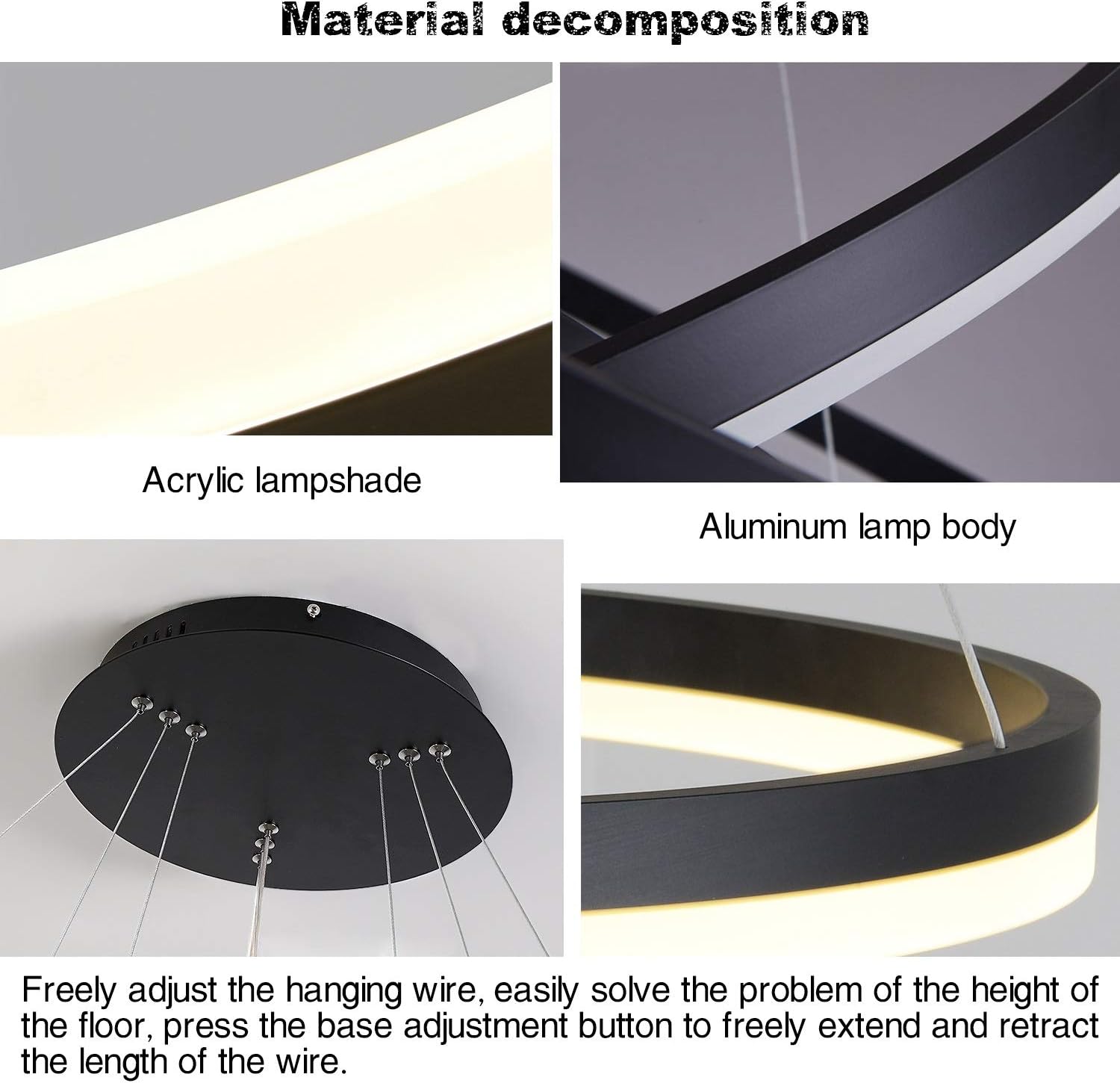 3-Ring LED-Hängelampe Dimmbar Schwarz Kronleuchter 68W LED-Ringleuchte Lampe Moderne LED-Hängeleuchte Rund Ring-Pendelleuchte, Esszimmer Design Lampe Wohnzimmer Leuchte, 20+40+60CM