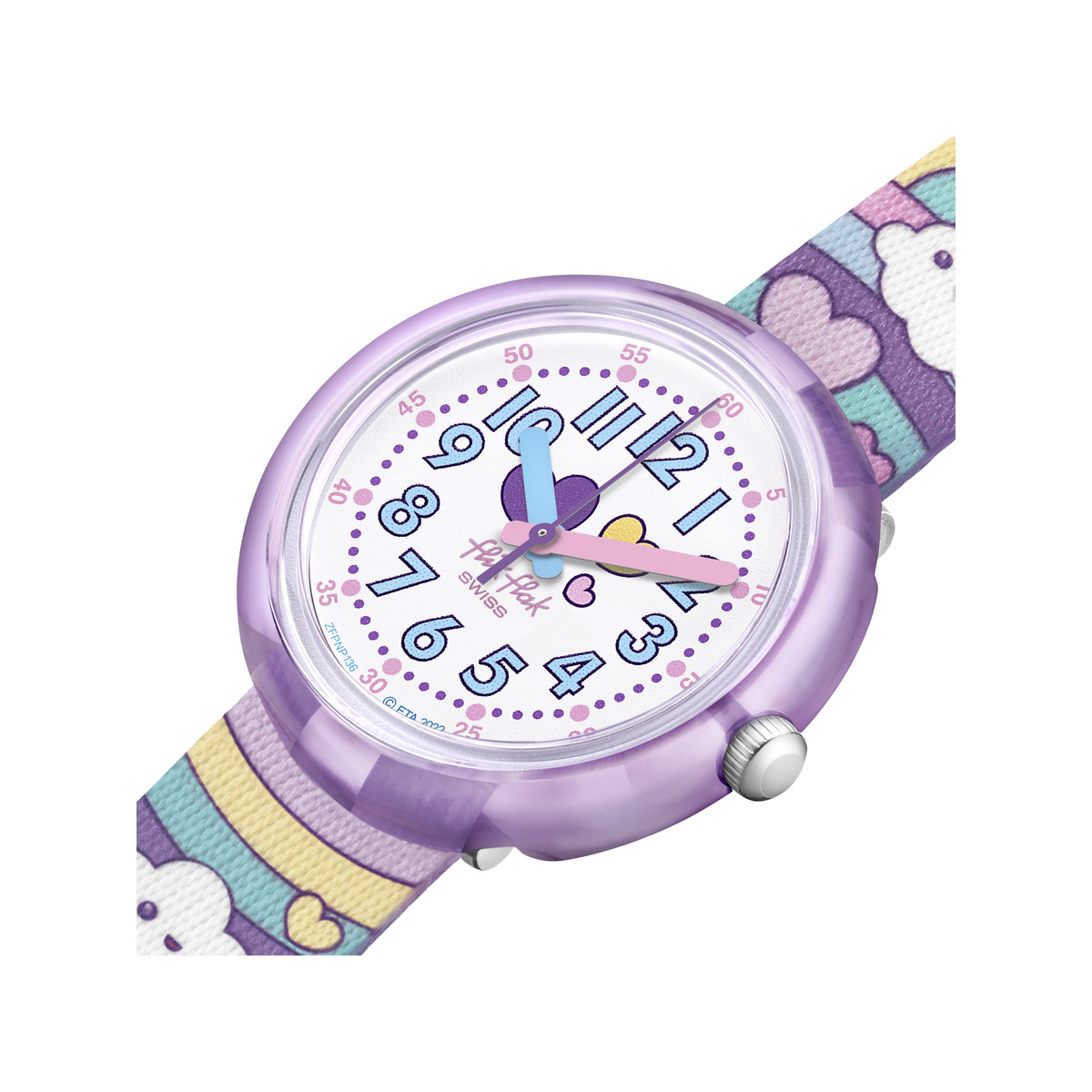 Montre FLIK FLAK Gameland Cloud level enfant plastique biosourcé bracelet PET recyclé violet