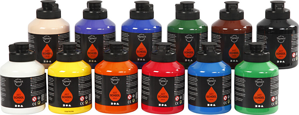 Akrylmaling Sæt - Vandbaseret - Halvblank - Standardfarver - 12X500 ML
