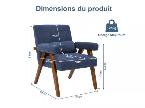 Fauteuil en Sherpa Bleu - pieds en bois massif - avec accoudoirs rembourrés - charge max 125kg - 73x68x83cm