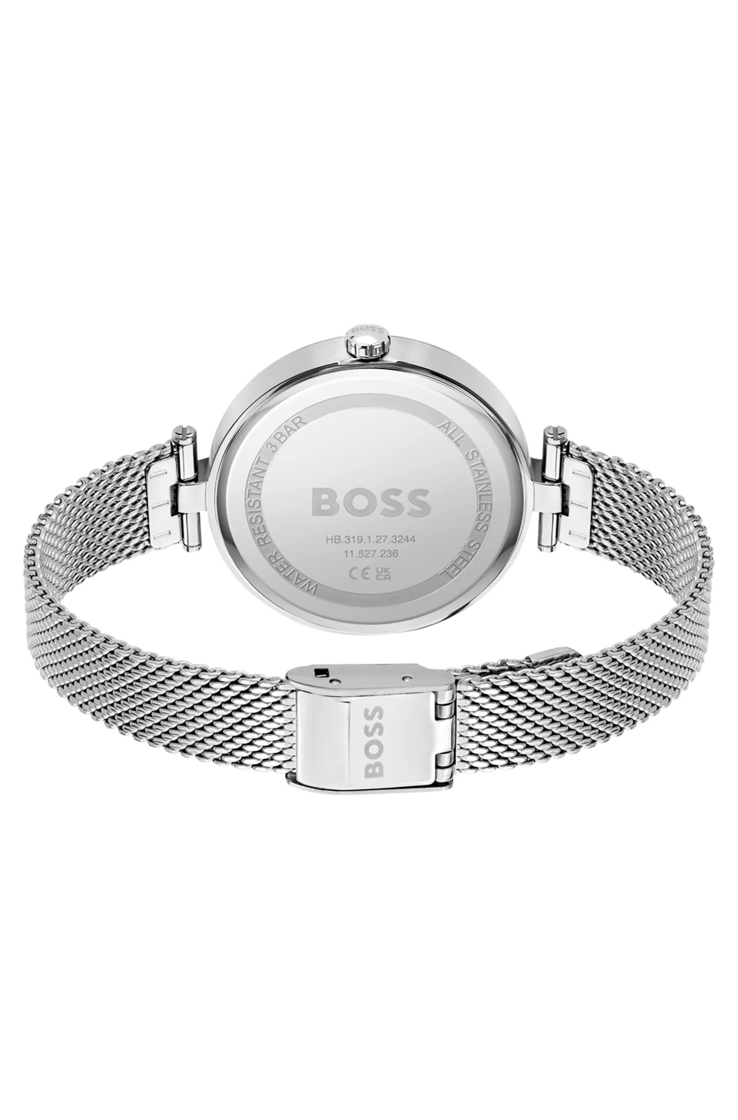 Relógio BOSS com pulseira de malha preta e índices de cristal.