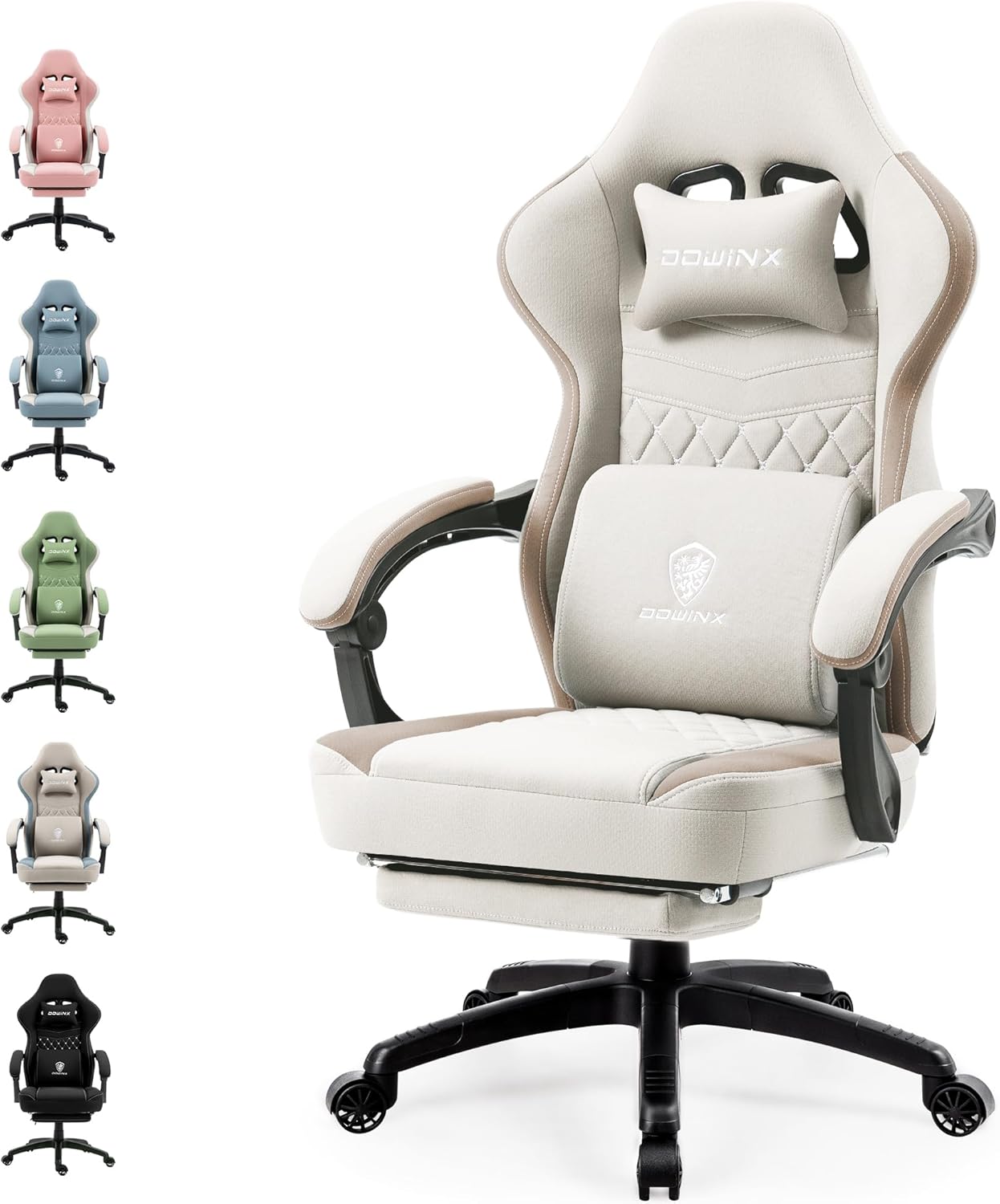 Dowinx Gaming Stuhl Stoff, Massage Gaming Sessel mit Fußstütze, Ergonomischer PC Stuhl Gamer Stuhl Bürostuhl 150 kg belastbarkeit, Beige