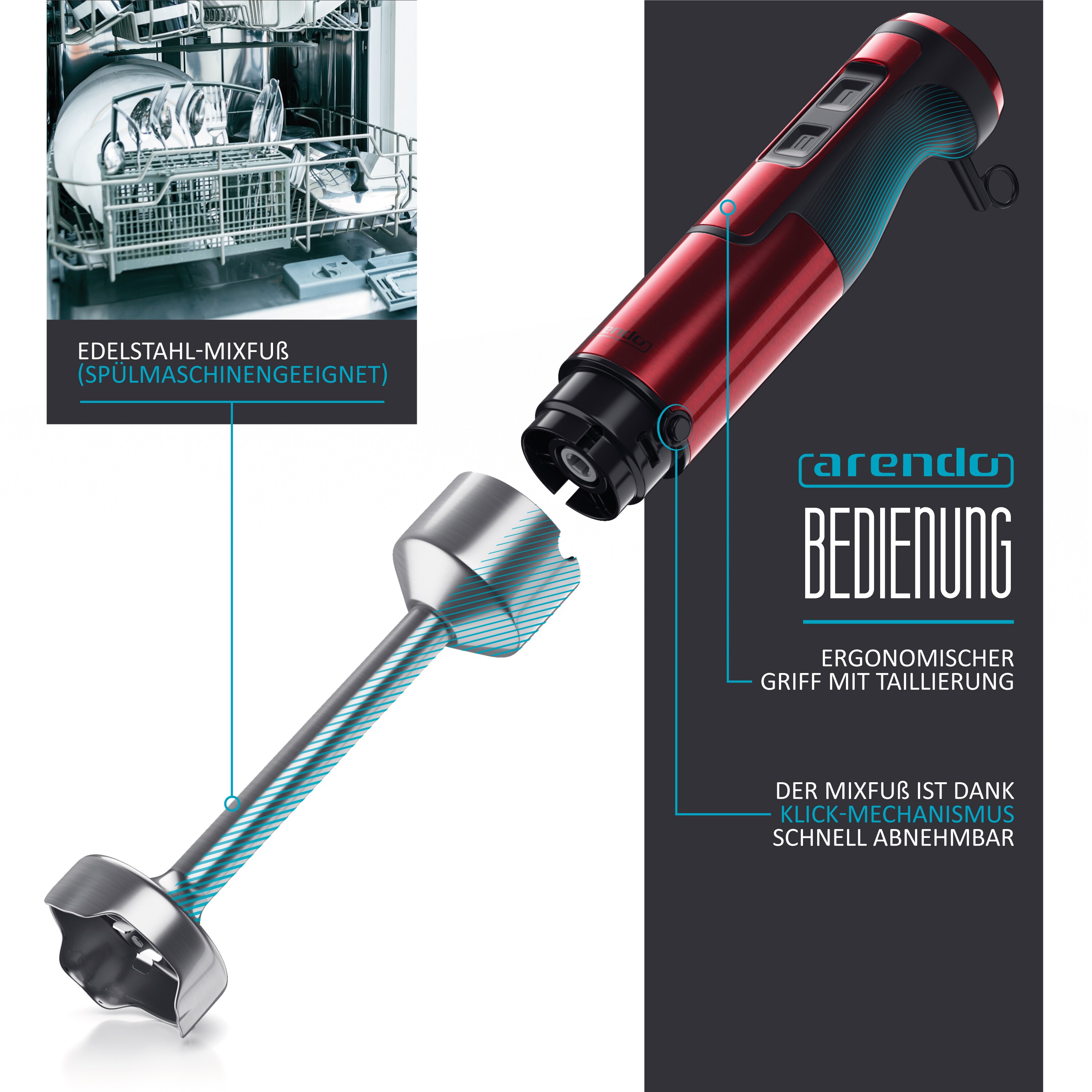 Arendo Edelstahl Stabmixer in rot Handmixer - Pürierstab - stufenlose Regelung