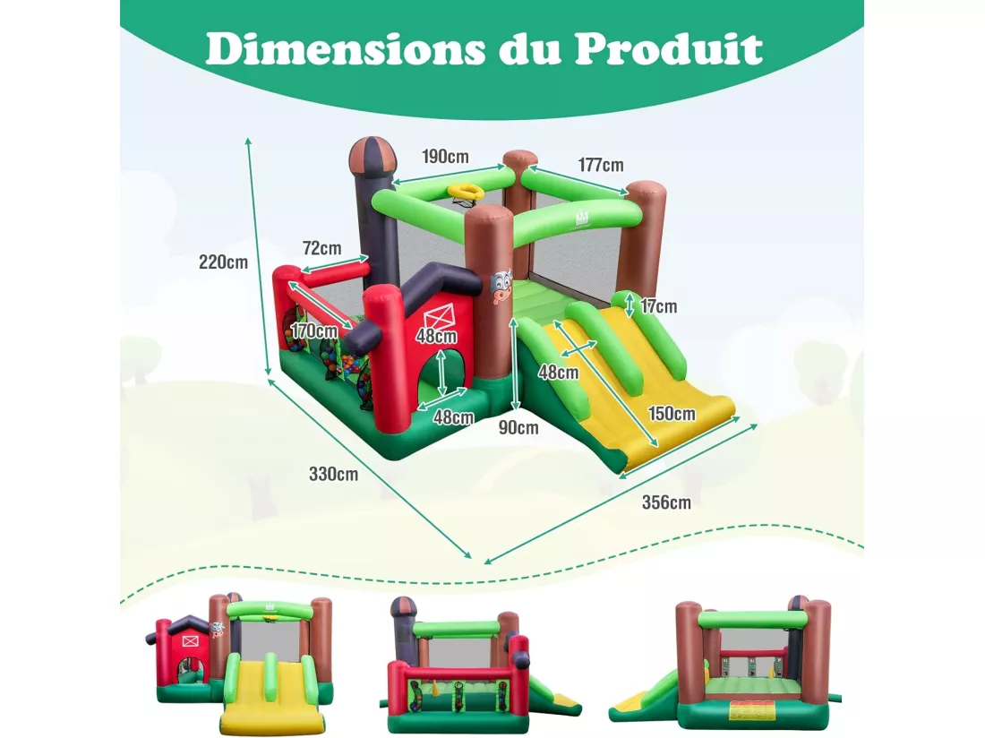 Château Gonflable 6-en-1 avec Toboggans Doubles, Maison Gonflable Intérieur Extérieur avec Trampoline, Sac de Transport, Panier de Basket, Thème Ferme, 356x330x220CM, 3-10 Ans (Avec souffleur)