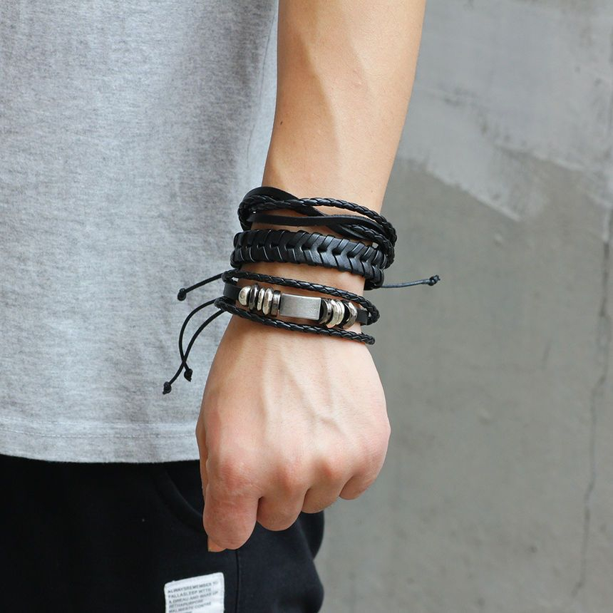 KINNO - Set van 6: Armband van imitatieleer met waxkoord (verschillende ontwerpen)