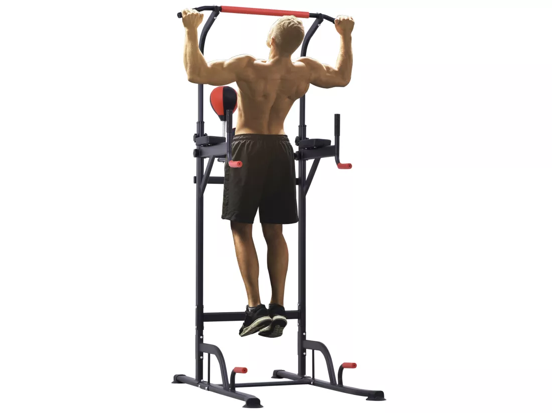 Station de traction musculation multifonctions punching ball chaise romaine hauteur réglable acier noir rouge
