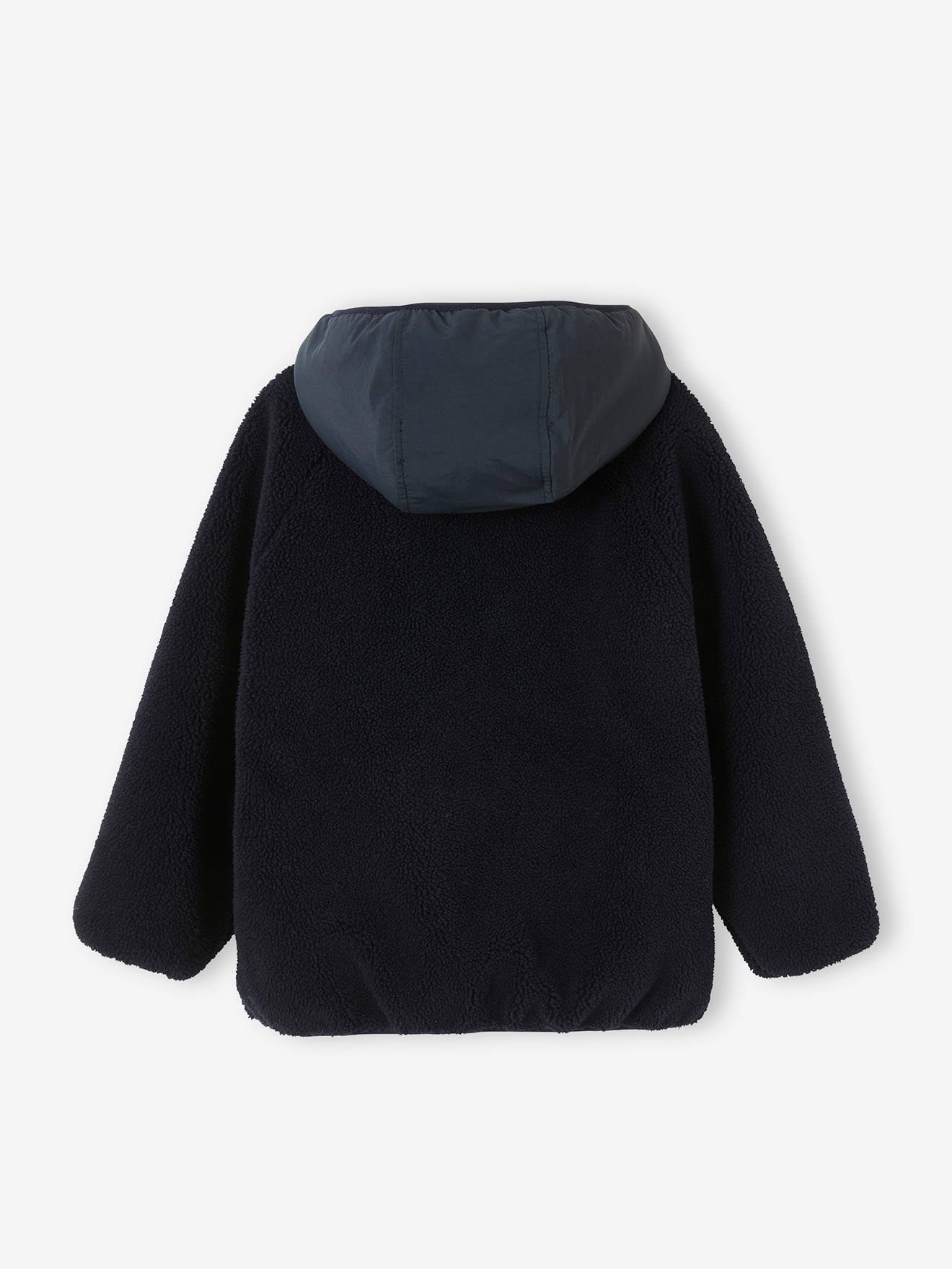 Jaqueta com capuz e zíper em sherpa para meninos, azul médio liso com estampas.