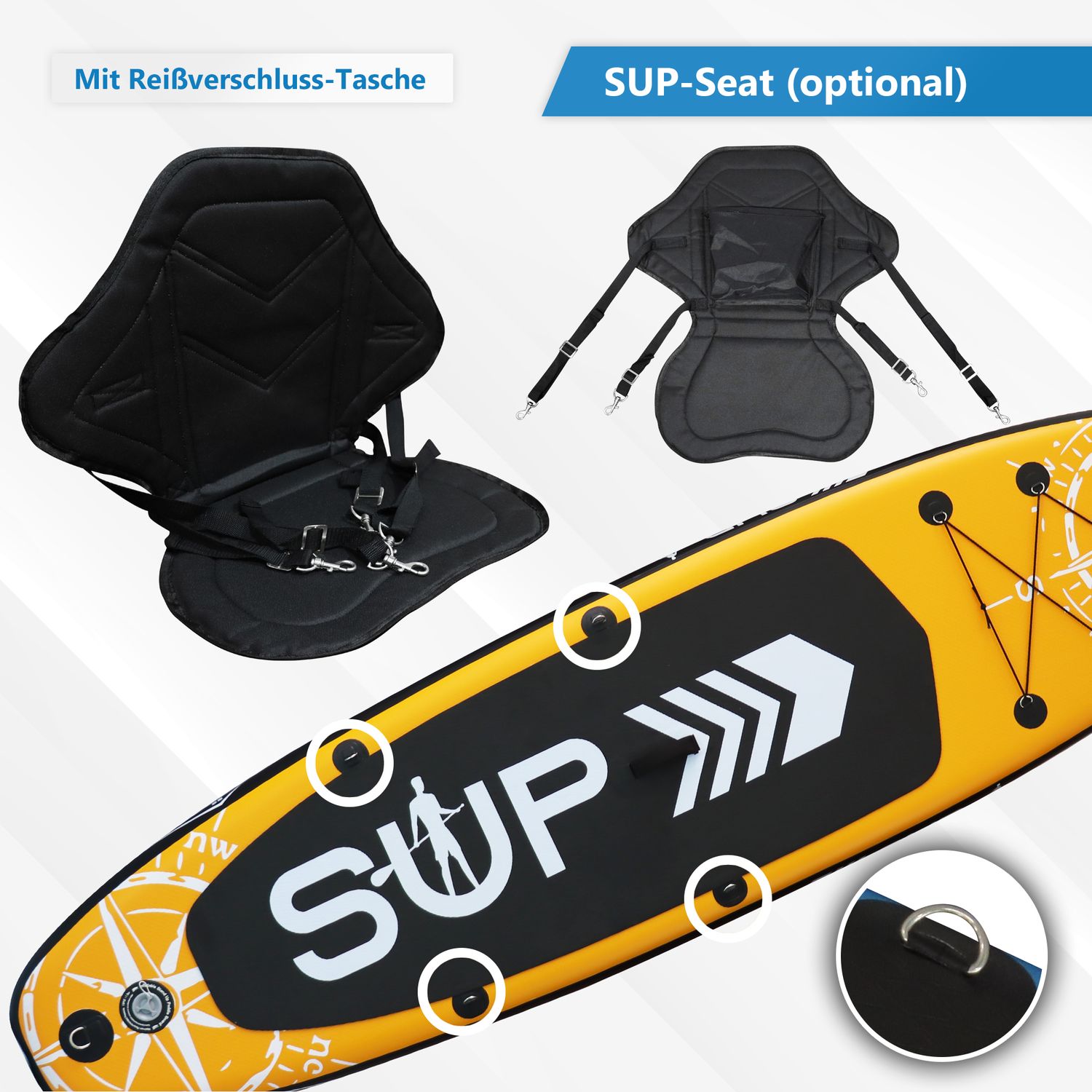 24MOVE® Standup Paddle Board SUP, inkl. umfangreichem Zubehör, Paddel und Hochdruckpumpe, ORANGE, 366x80x15cm