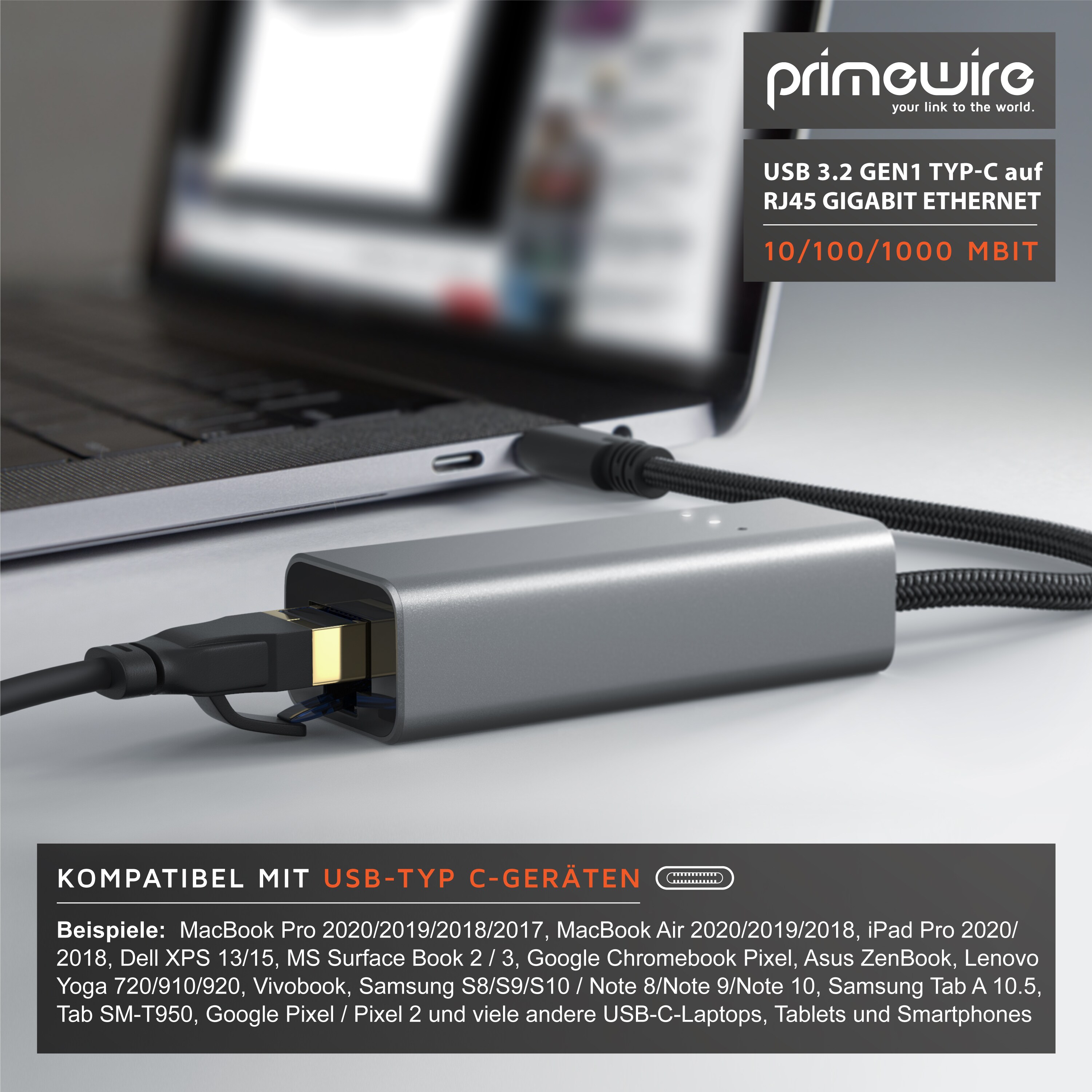 Primewire USB C Netzwerkadapter Gigabit - USB Typ C auf RJ45 Externe Netzwerkkarte RJ45 Konverter - Fast Ethernet 1000 Mbit - kompatibel mit iPad Pro