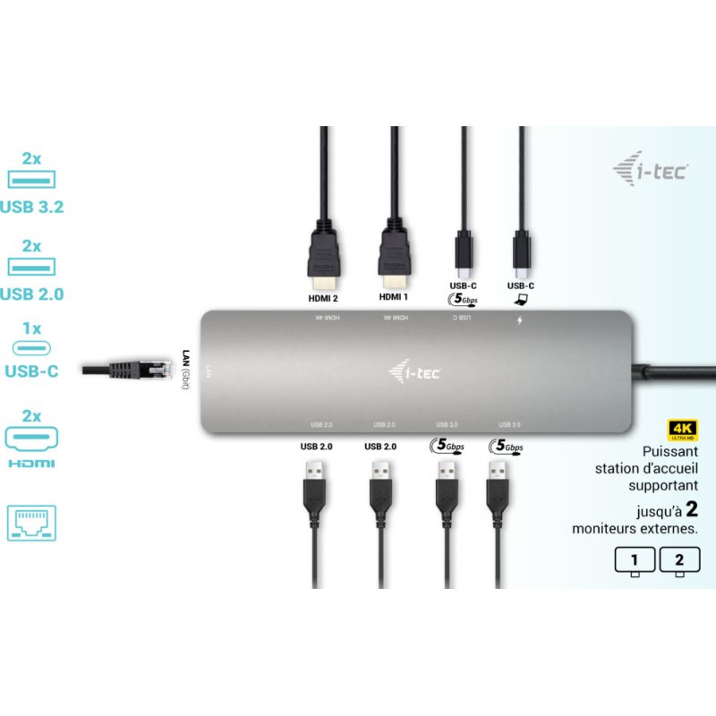i-tec Metal USB-C Nano 2x Display Docking Station with PD 100 W + Charger 100W