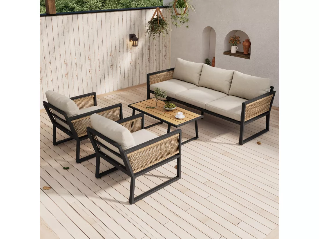 Lot de 4 salon de jardin en acier galvanisé avec coussin beige : canapé 3 places, 2 fauteuils et table basse