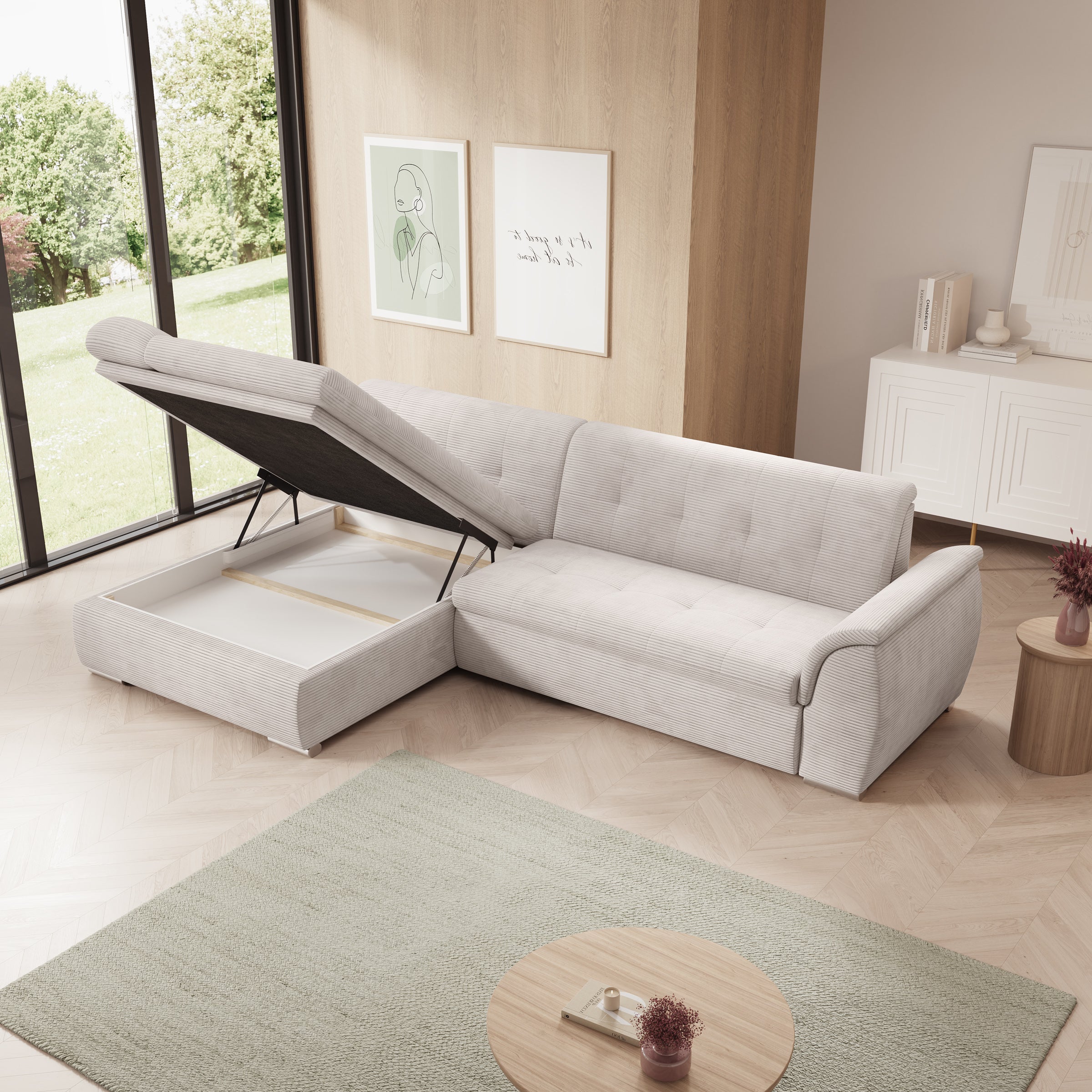 Alberta - Hoekbank 3-zits met slaapfunctie - Ribstof beige - Links - 286x170x80 cm
