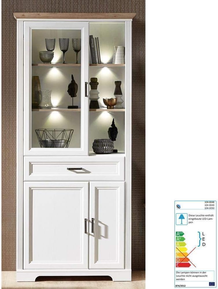 Lomadox Landhaus Wohnwand in Pinie weiß und Artisan Eiche Nb. Vitrine inkl. LED