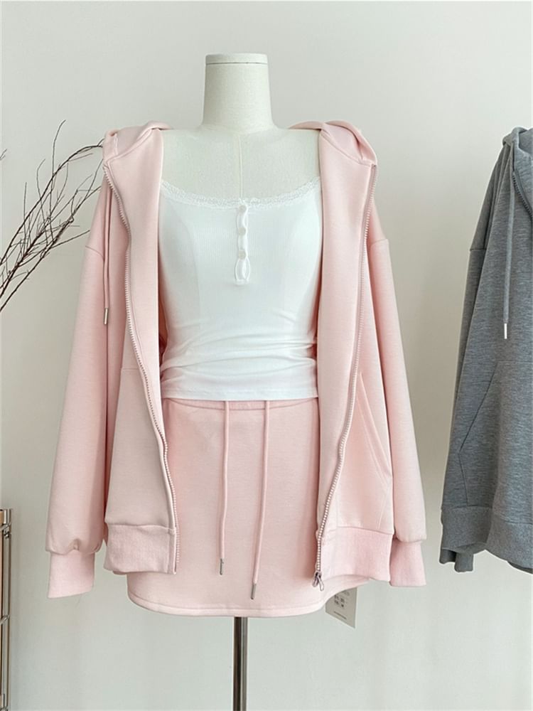 Alhambra - Set: effen hoodie met rits + mini A-lijn rok met trekkoord in de taille