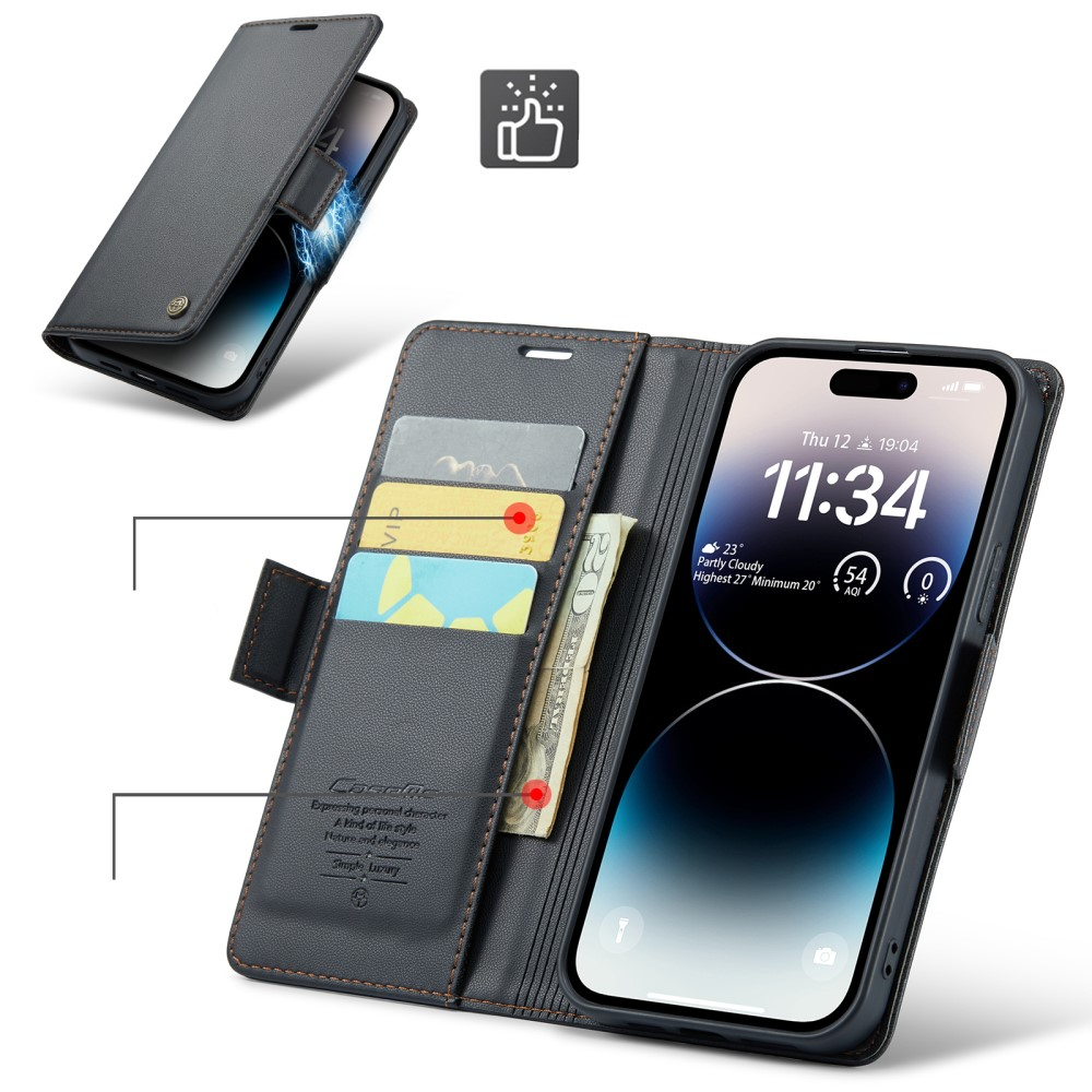 iPhone 15 Pro Leder Tasche Flip Wallet Etui mit Kartenfächern Litchi Look (RFID Schutz) - Schwarz
