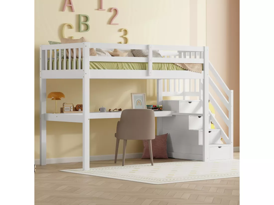Lit mezzanine en bois de pin - 90x200cm - avec escalier de rangement et bureau - avec sommier à lattes - Blanc
