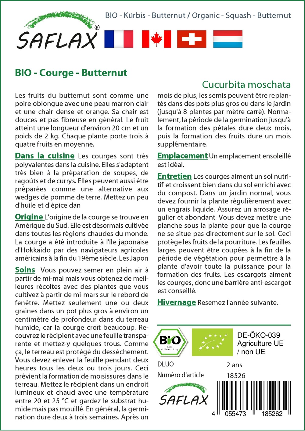 Jardin dans le sac - bio - courge - butternut - 6 graines - cucurbita moschata