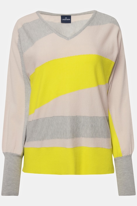 Pullover, asymmetrische Blockstreifen, Kimono-Passform, V-Ausschnitt, angarm