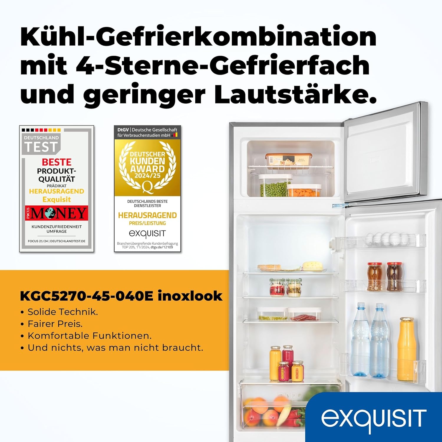 Exquisit Kühl-Gefrierkombination, 143 cm Höhe, Kühlschrank mit Gefrierfach, 4-Sterne-Gefrieren, 206 Liter, KGC5270-45-040E inoxlook