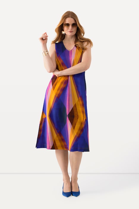 Slinky-Midikleid, geometrisch, V-Ausschnitt, ärmellos