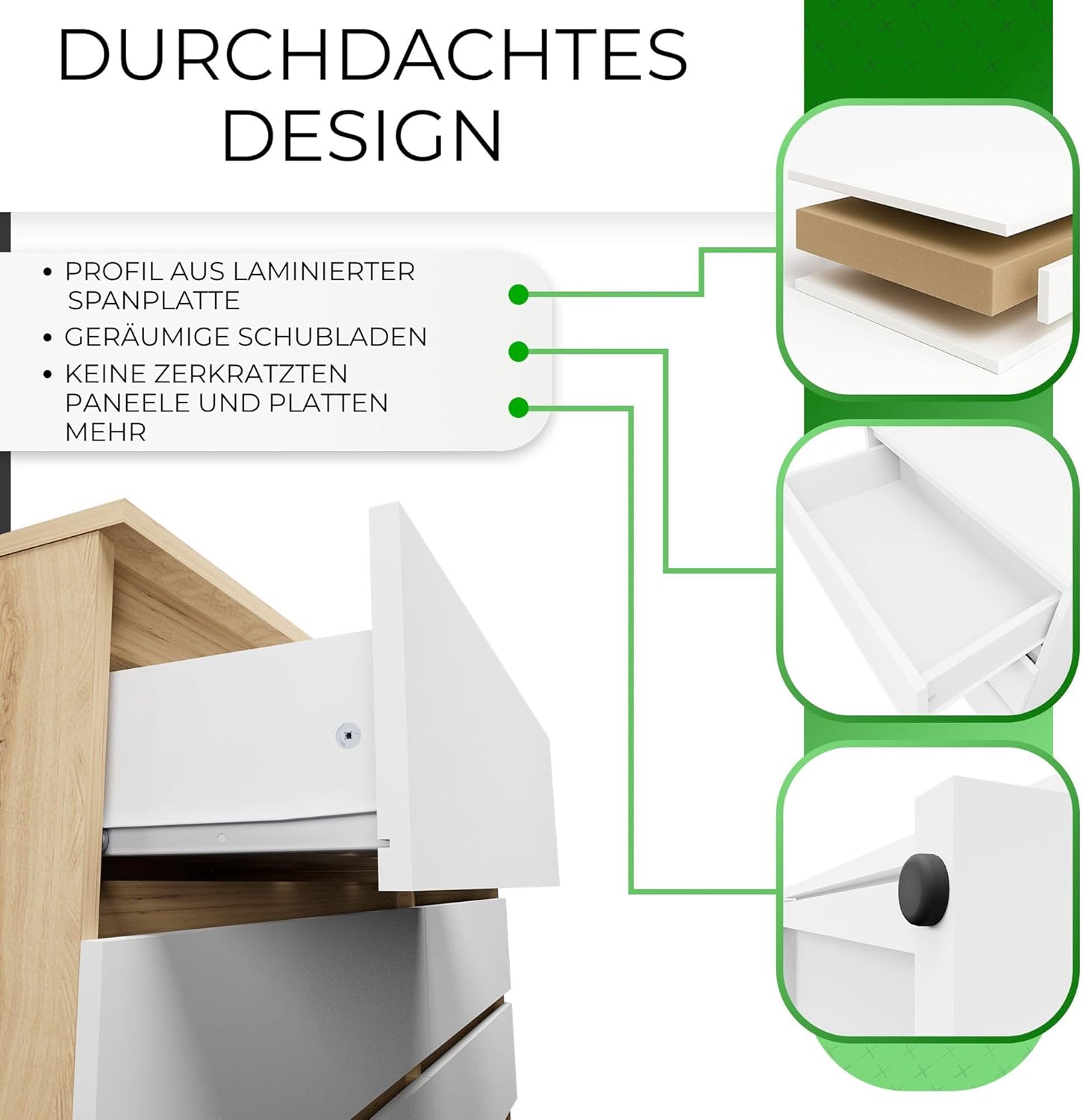CDF Kommode Artisan Weiß mit 6 Schubladen Komodenschrank Komode für Wohnzimmer Schlafzimmer Schubladenschrank Malwa M6 140