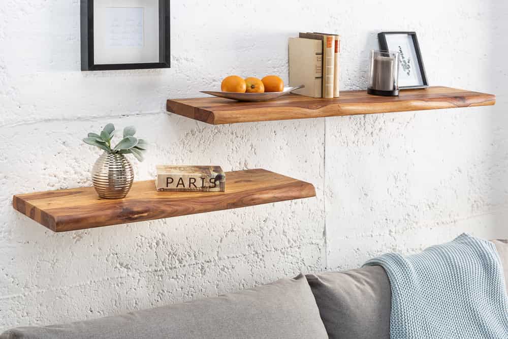 Massives Wandregal MAMMUT 80cm braun Sheesham stone finish Regalbrett mit Baumkante