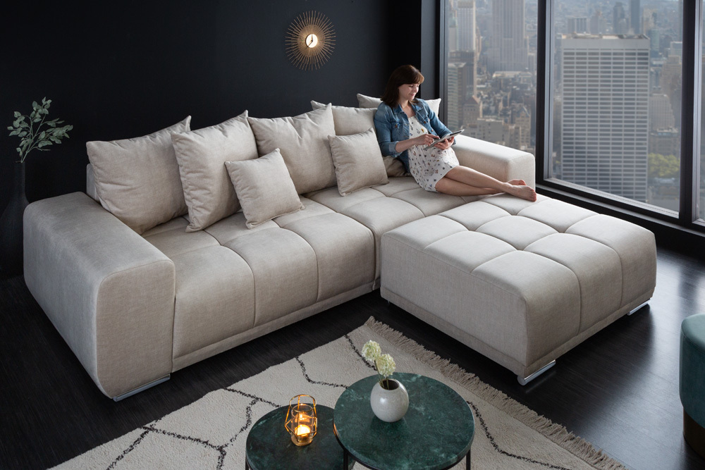 Big Sofa ELEGANCIA 285cm champagner beige Vogue Velours Samt inkl. Kissen Federkern