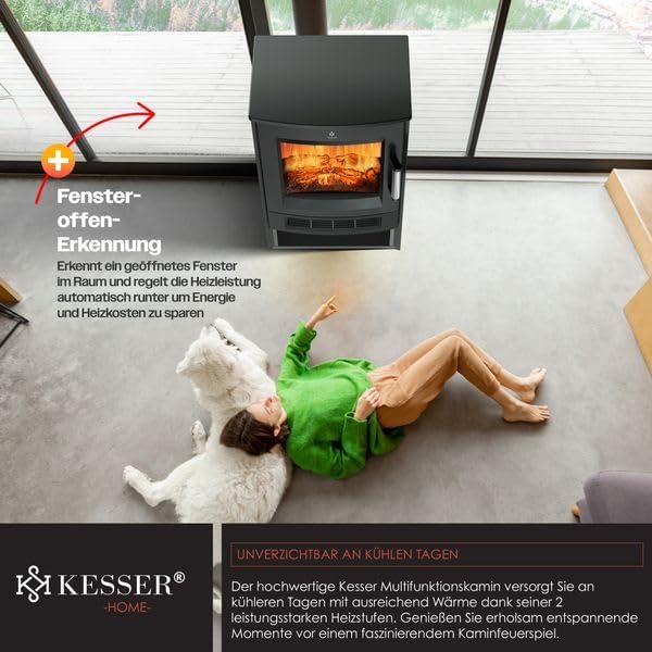 KESSER® Elektrokamin mit Heizung Panorama-Sichtfenster Heizlüfter 9 LED-Flammeneffekt Farbmodi Fernbedienung WiFi App 900/1800W Kaminfeuer elektrisch mit Thermostat Heizfunktion Timer