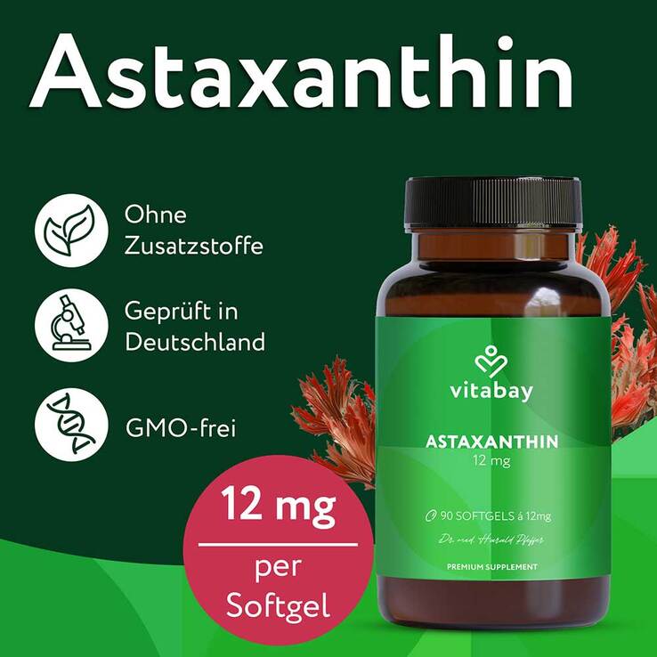 Astaxanthin 12 mg Softgel-Kapseln Mikroalge vegan, 90 St