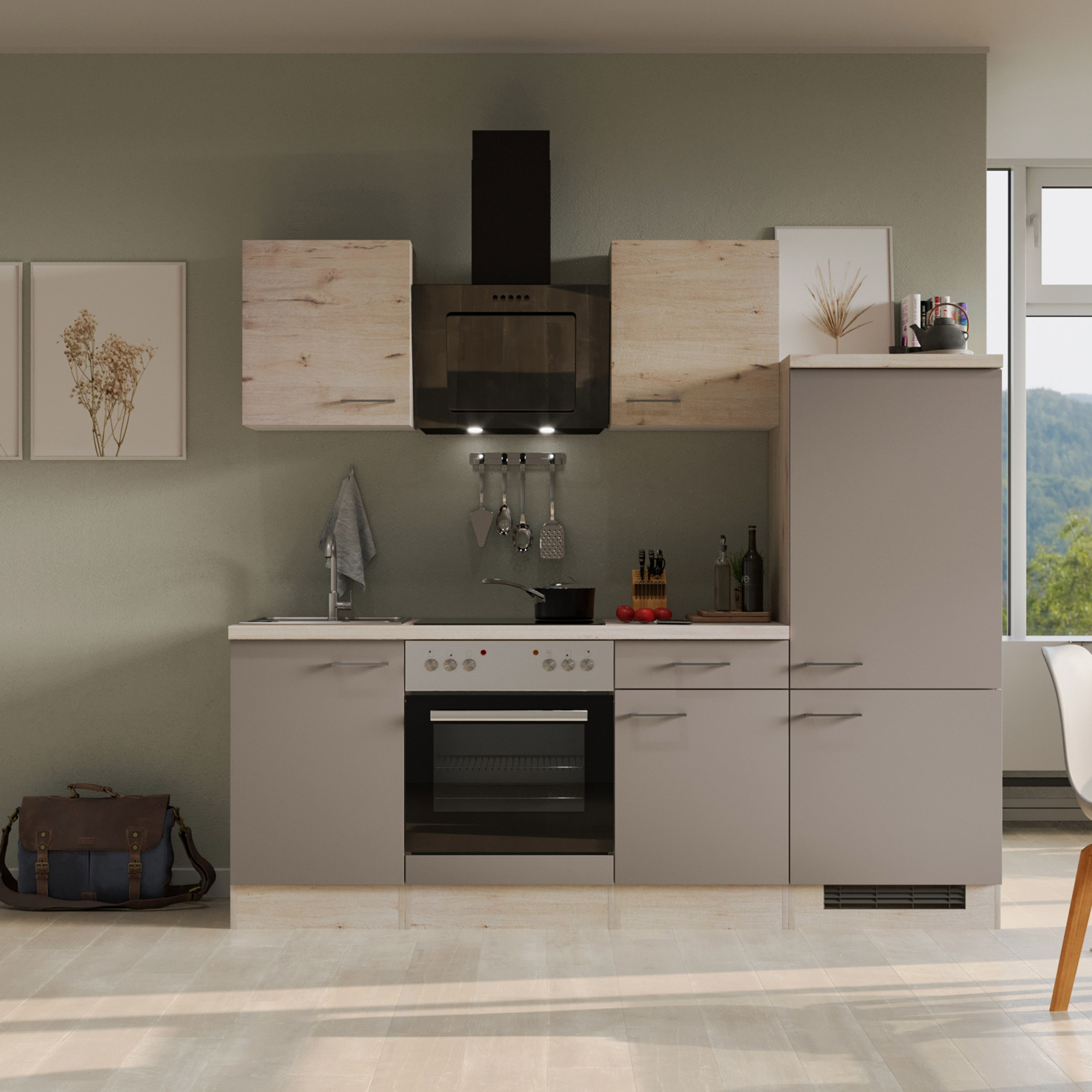 Küchenblock RIVA - Quarz Cubanit - San Remo Eiche hell - mit E-Geräten - 220 cm