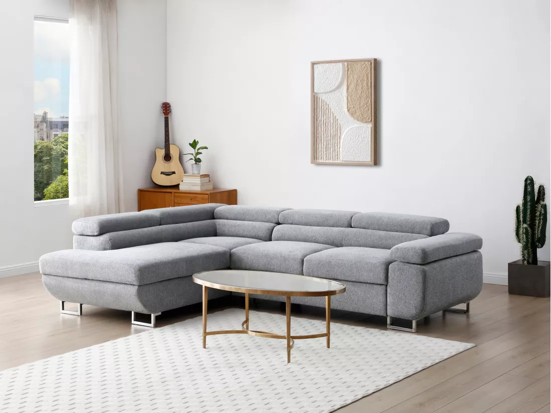 Canapé d'angle gauche convertible en tissu texturé gris NURAZIO