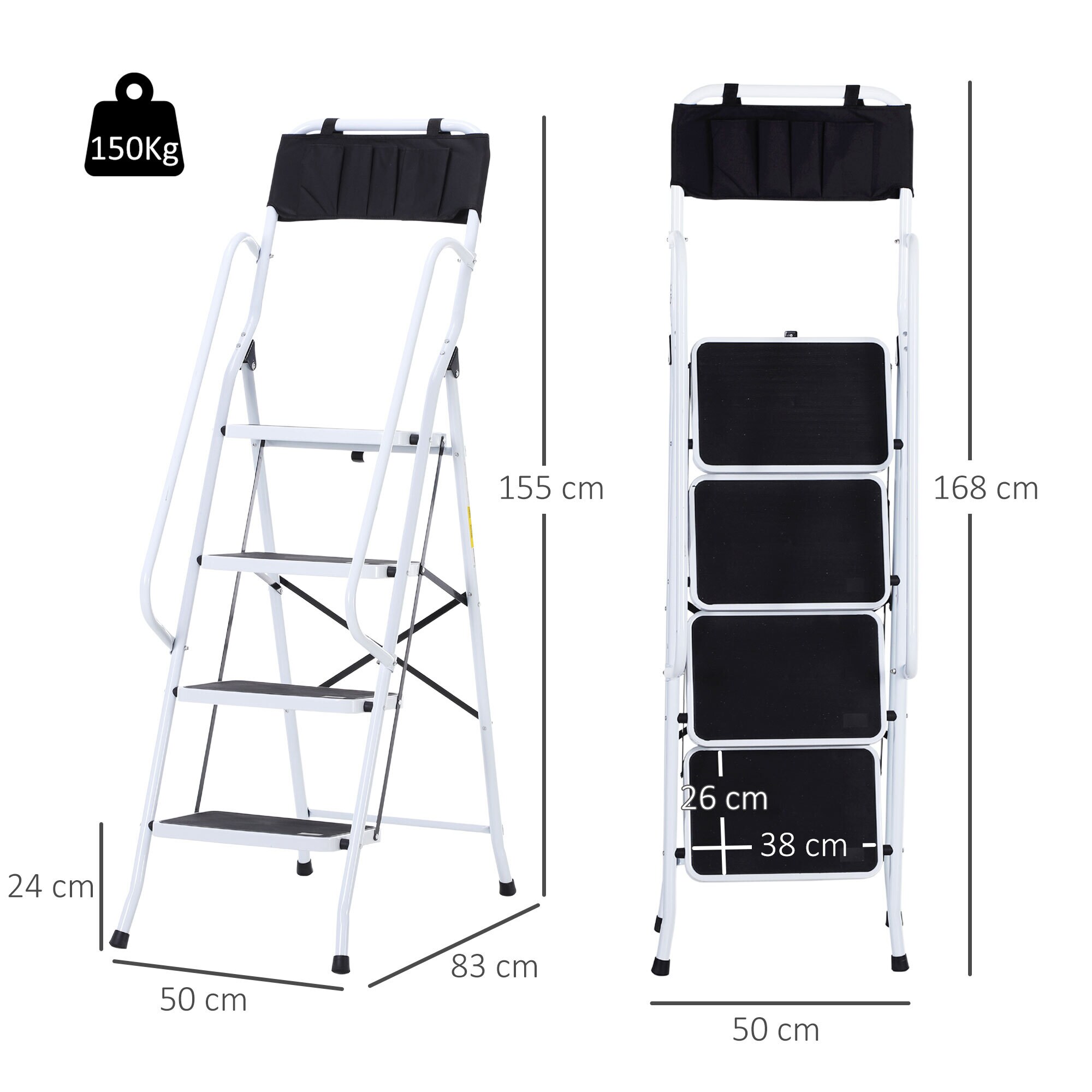 HOMCOM Trittleiter mit Werkzeughalterung schwarz, weiß 50L x 83B x 155H cm