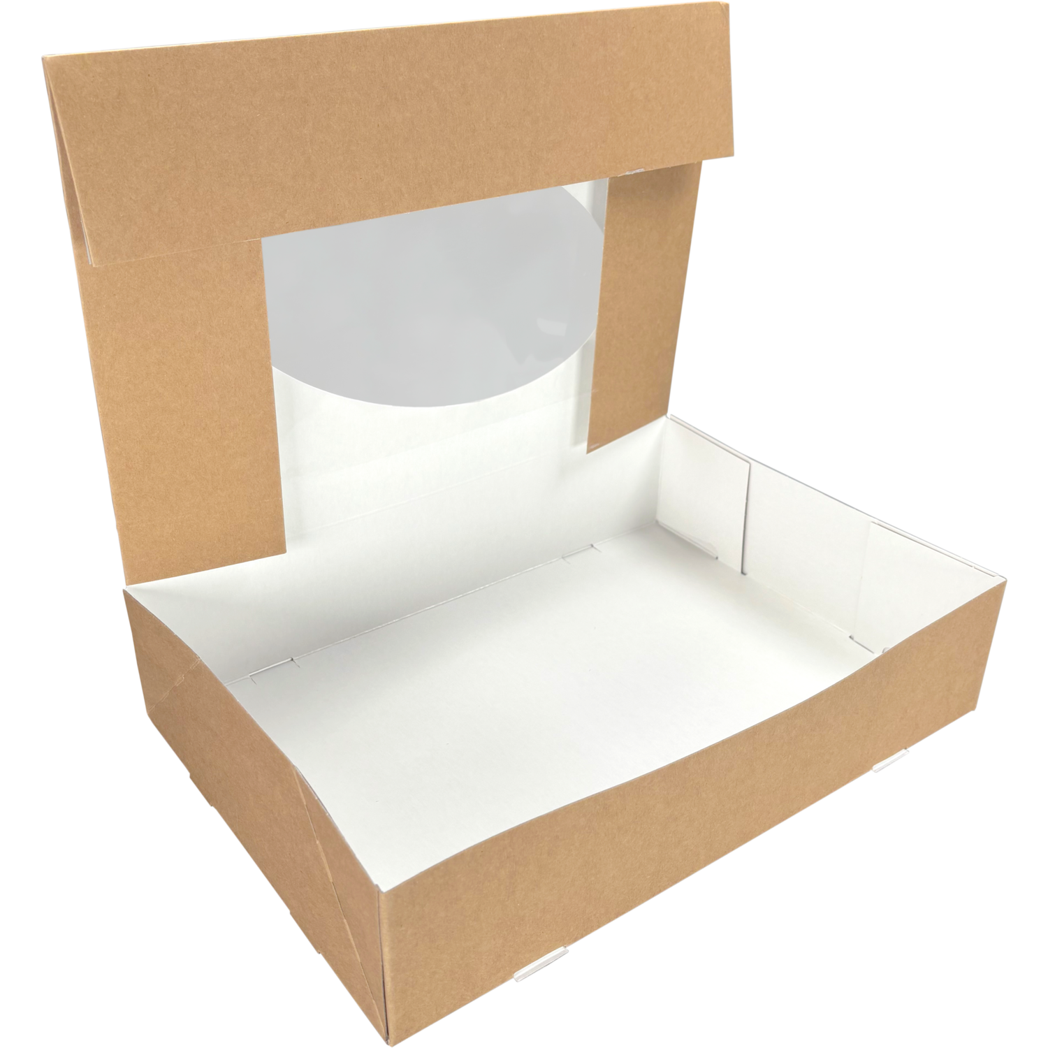 Cateringdoos, karton + PET, 360x250x80mm, met venster, bruin/wit