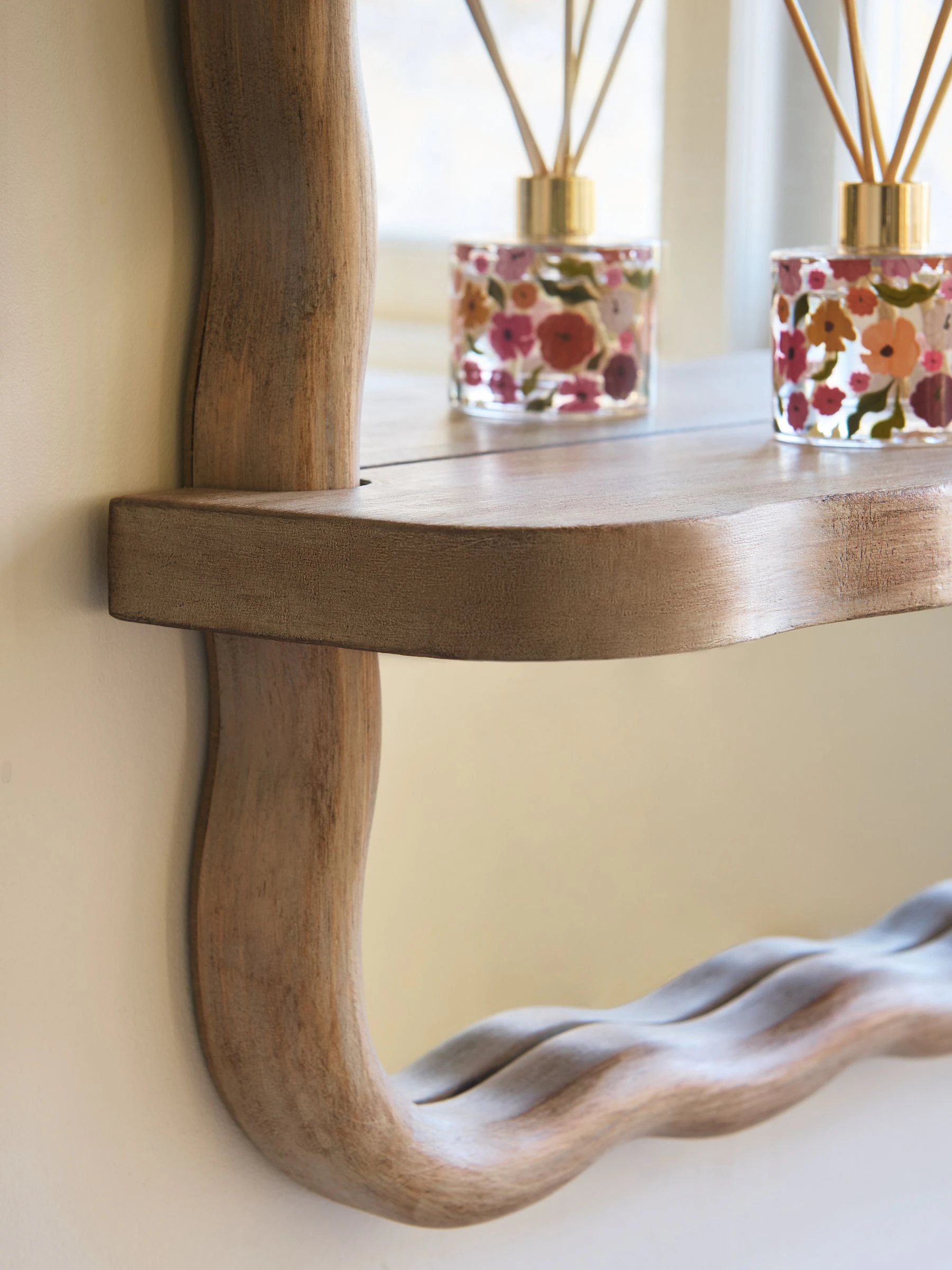 Wavy Pine Wood Shelf Bathroom Wall Mirror