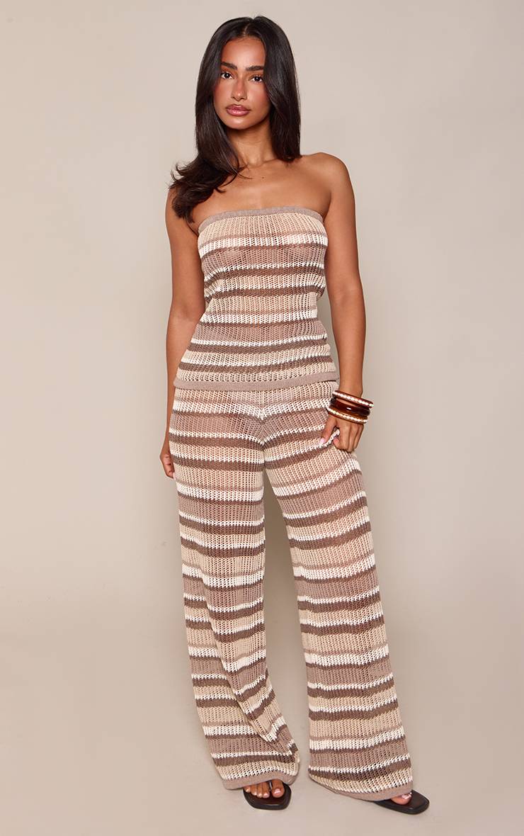 Taupe Pantalon Large Tricoté À Rayures Contrastées Petite