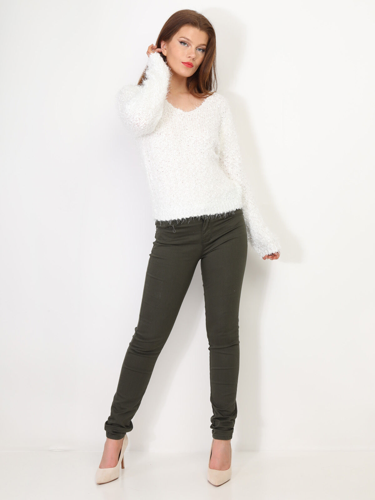 Pull duveteux avec fils brillants- Blanc